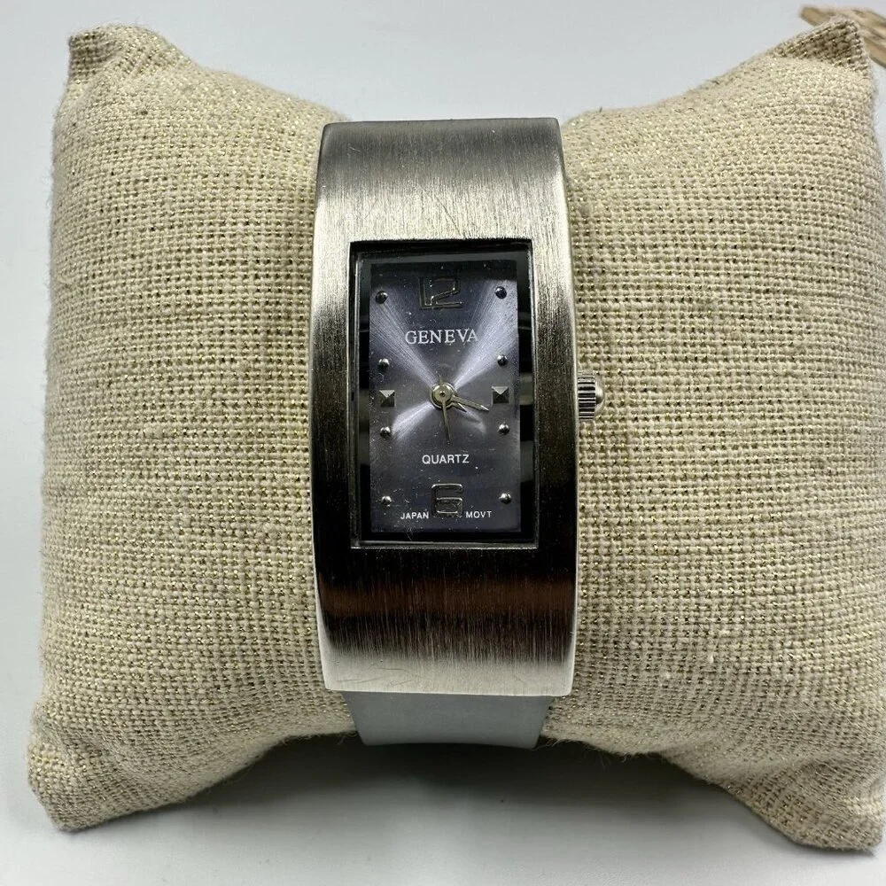 3/$30 Geneva Watch Women Silver Tone Long Rectangle Case Purple Dial  9
